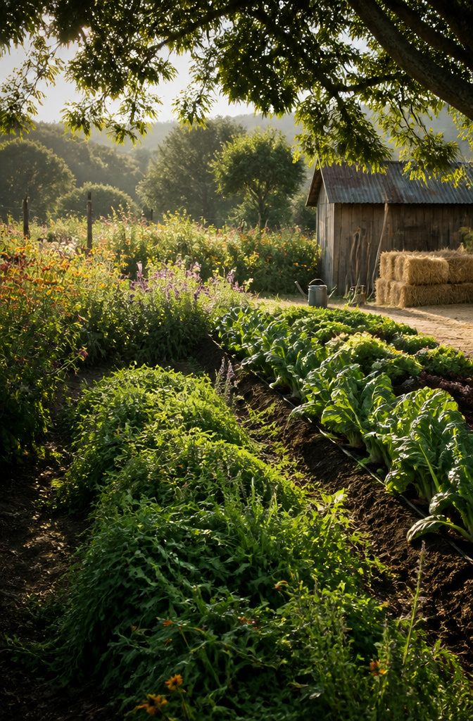 Photograph of a healthy organic soil and diverse plant life.