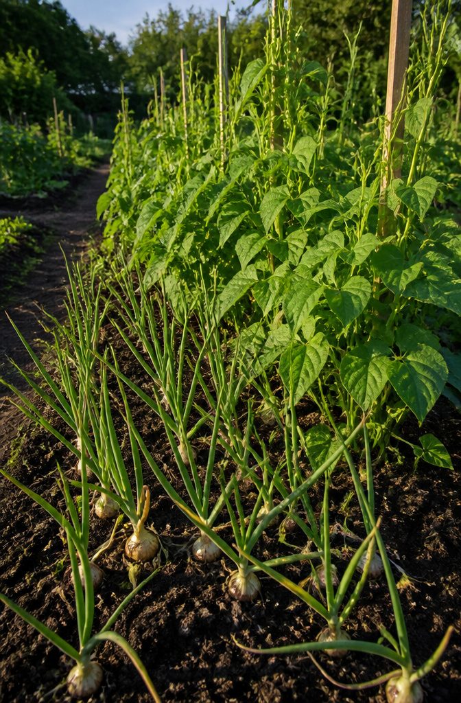 What Not to Grow: Incompatible Plants for Vegetable Gardens 9 Green beans and onions growing close together in a garden.