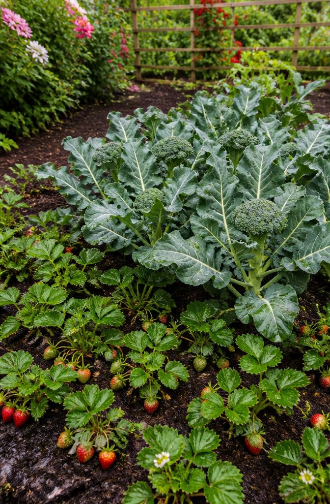 What Not to Grow: Incompatible Plants for Vegetable Gardens 13 Broccoli and strawberry plants sharing space in a garden.