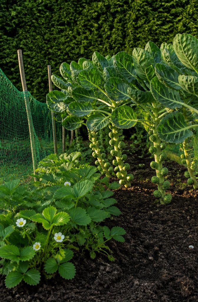 What Not to Grow: Incompatible Plants for Vegetable Gardens 21 Brussels sprouts and strawberry plants growing close together in a garden.