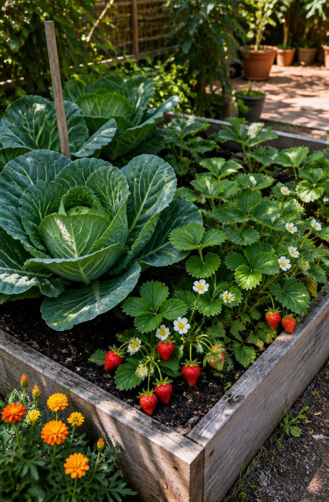 What Not to Grow: Incompatible Plants for Vegetable Gardens 4 Cabbage plants next to strawberry plants in a raised bed.