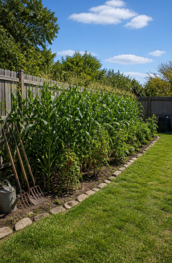 What Not to Grow: Incompatible Plants for Vegetable Gardens 10 Corn plants and tomato plants growing in the same garden area.