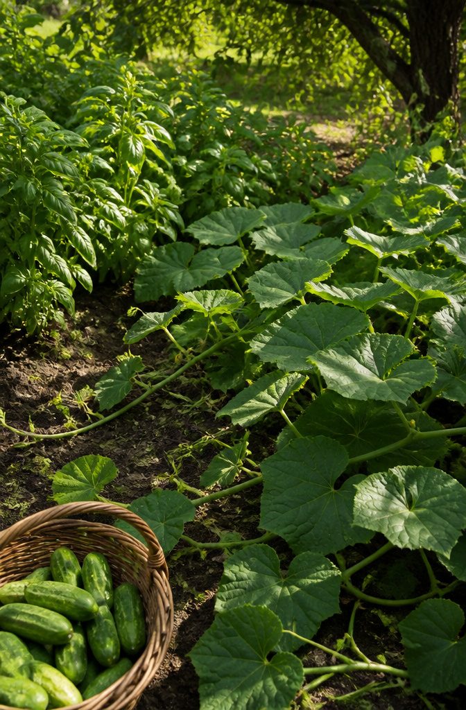 What Not to Grow: Incompatible Plants for Vegetable Gardens 6 Cucumber vines intertwined with basil plants in a sunny garden.