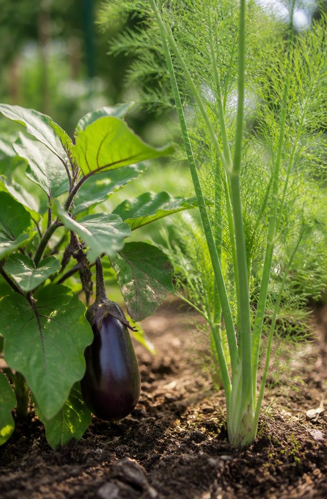 What Not to Grow: Incompatible Plants for Vegetable Gardens 14 Fennel and eggplant growing together in a garden plot.