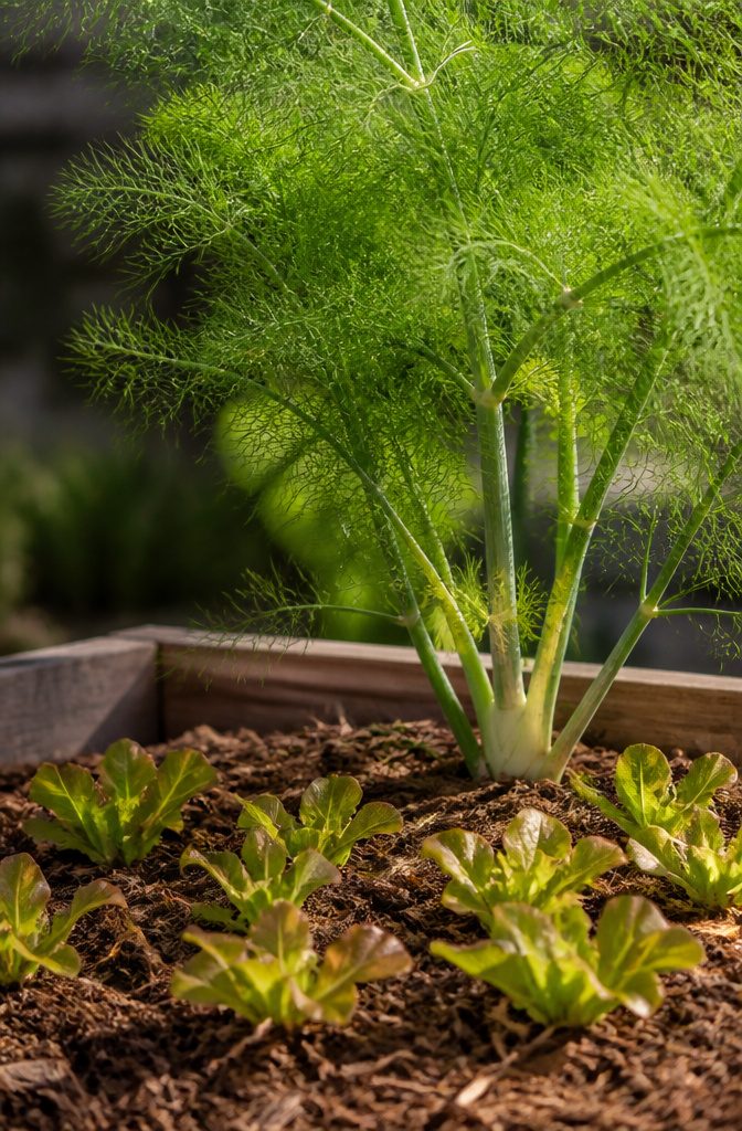 What Not to Grow: Incompatible Plants for Vegetable Gardens 7 Fennel and lettuce plants growing in a garden bed.