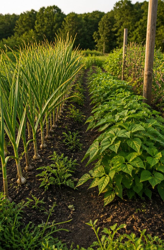 What Not to Grow: Incompatible Plants for Vegetable Gardens 11 Rows of garlic and bush beans in a vegetable garden.
