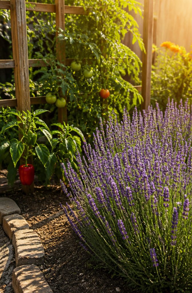 What Not to Grow: Incompatible Plants for Vegetable Gardens 17 Lavender plants near tomatoes and peppers in a garden.