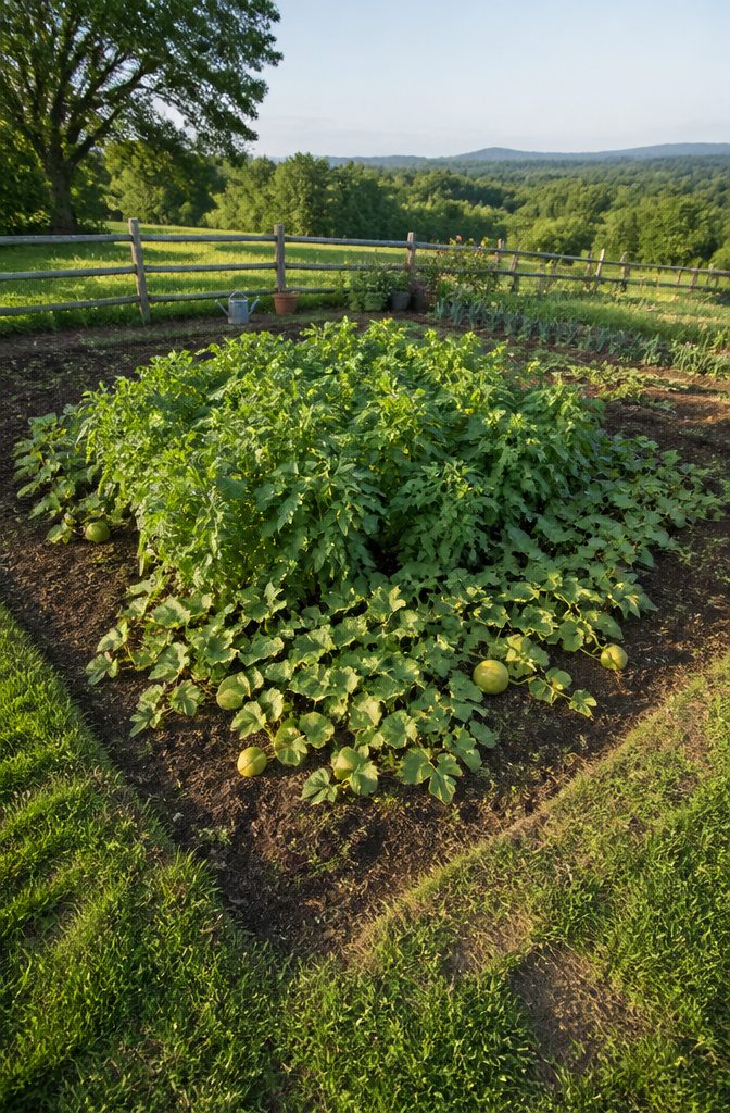 What Not to Grow: Incompatible Plants for Vegetable Gardens 16 Melon vines and potato plants growing close in a garden bed.