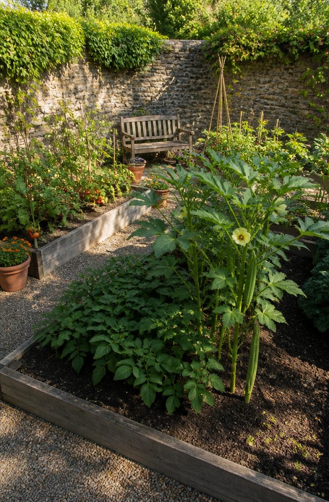 What Not to Grow: Incompatible Plants for Vegetable Gardens 20 Tall okra plants next to potato plants in a vegetable plot.