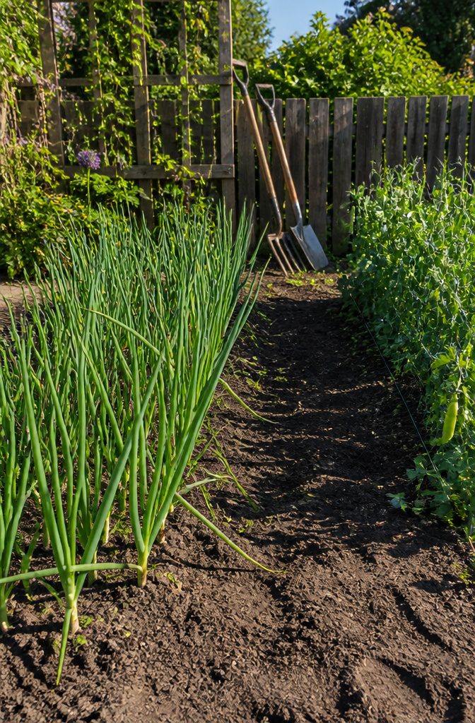 What Not to Grow: Incompatible Plants for Vegetable Gardens 3 Rows of onions and peas growing in a garden bed.