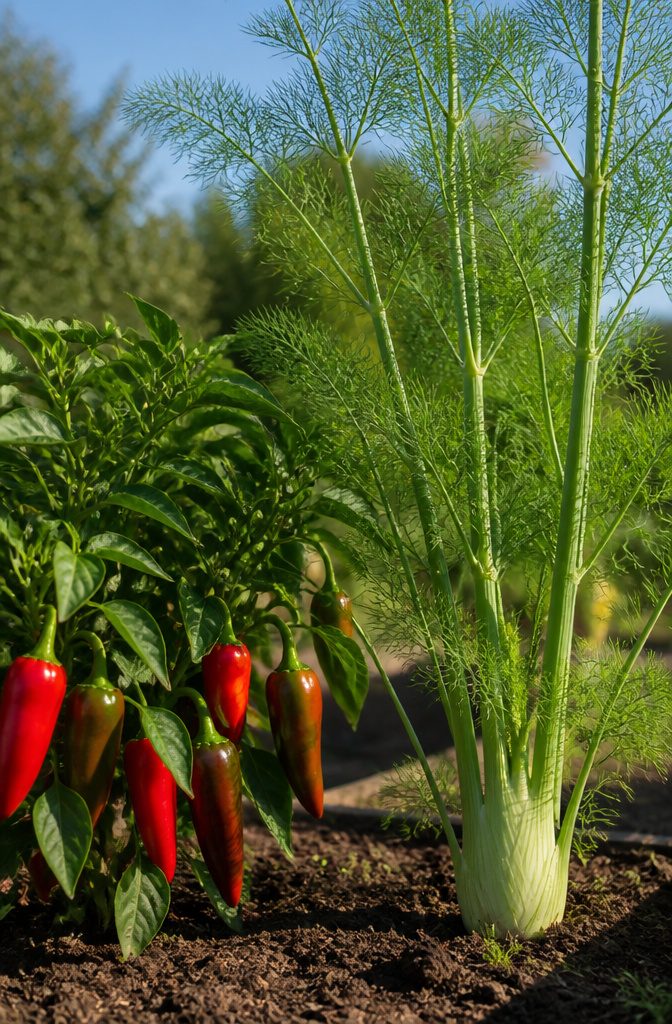 What Not to Grow: Incompatible Plants for Vegetable Gardens 12 Fennel plants near pepper plants in a garden bed.