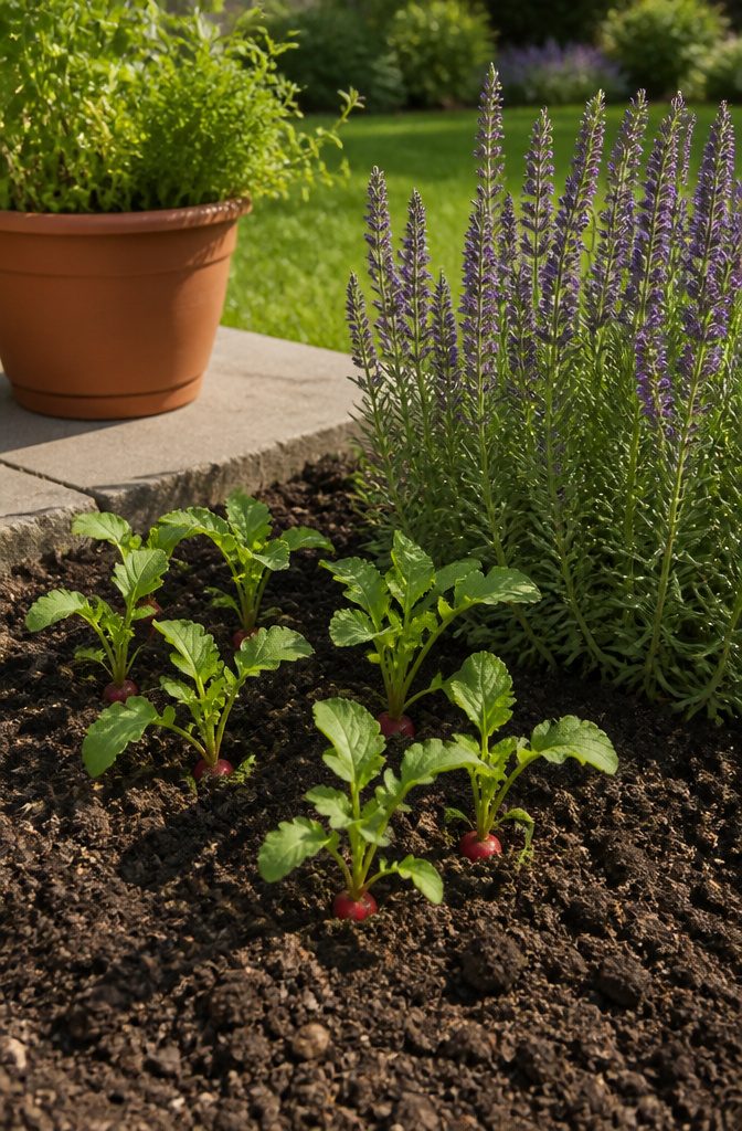 What Not to Grow: Incompatible Plants for Vegetable Gardens 15 Radishes and hyssop plants growing side by side in a garden.
