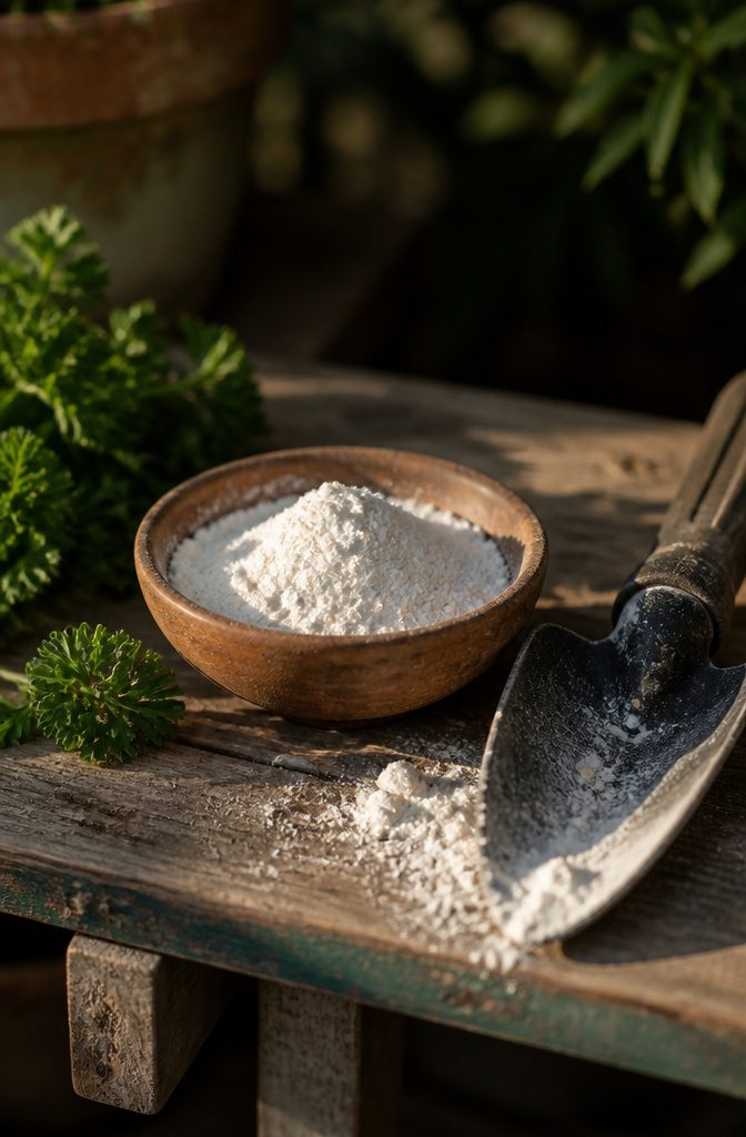 What to Do About Spiders in Your Garden 9 A bag of diatomaceous earth beside a potting bench.