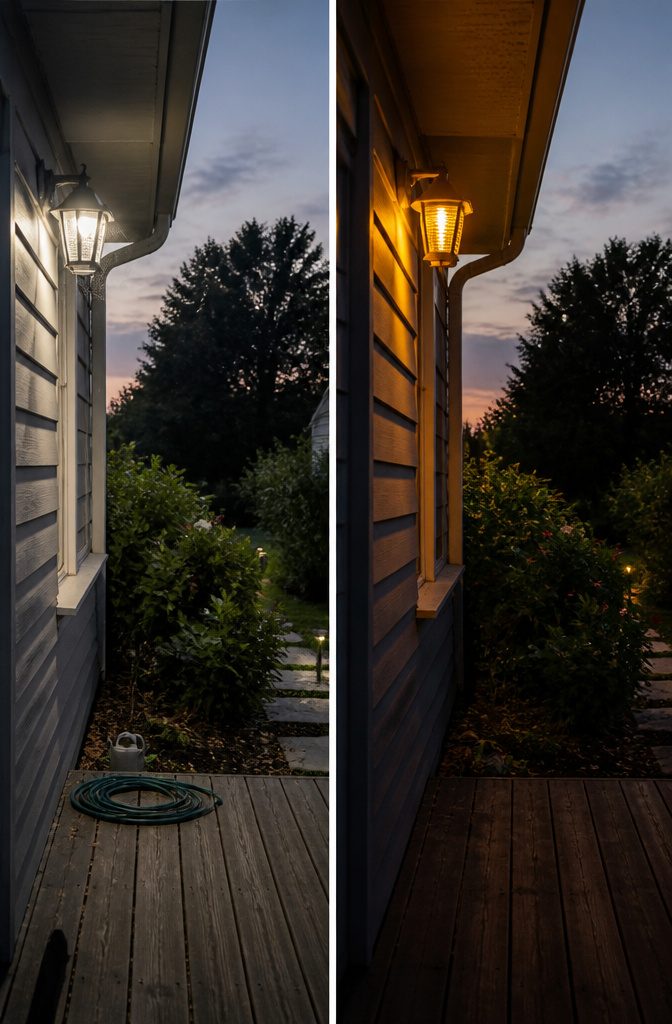 What to Do About Spiders in Your Garden 6 A yellow bug light installed above a back door.