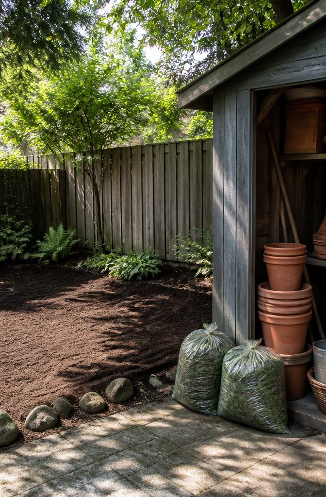What to Do About Spiders in Your Garden 2 A yard with cleared leaves and debris along a fence.