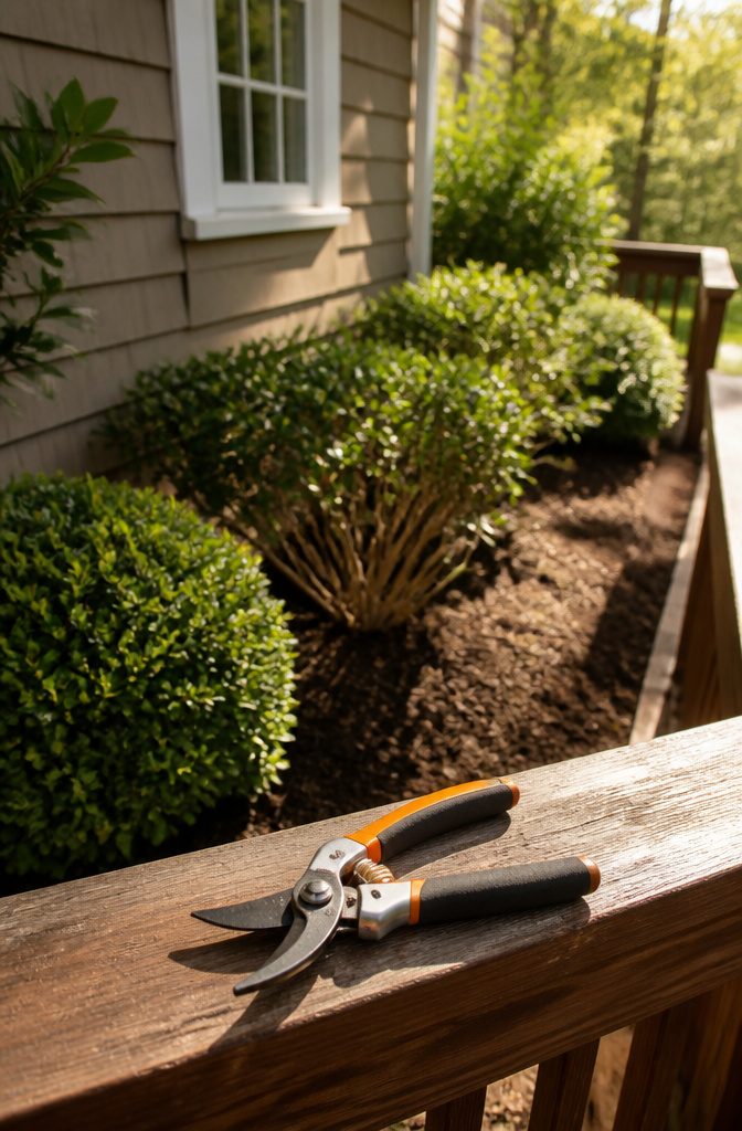 What to Do About Spiders in Your Garden 3 Trimmed shrubs and branches close to a house's exterior.