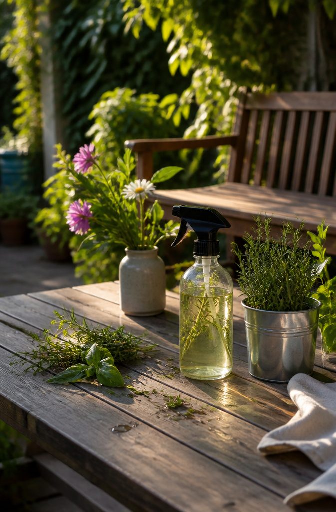What to Do About Spiders in Your Garden 8 A spray bottle filled with a homemade natural repellent on a table.