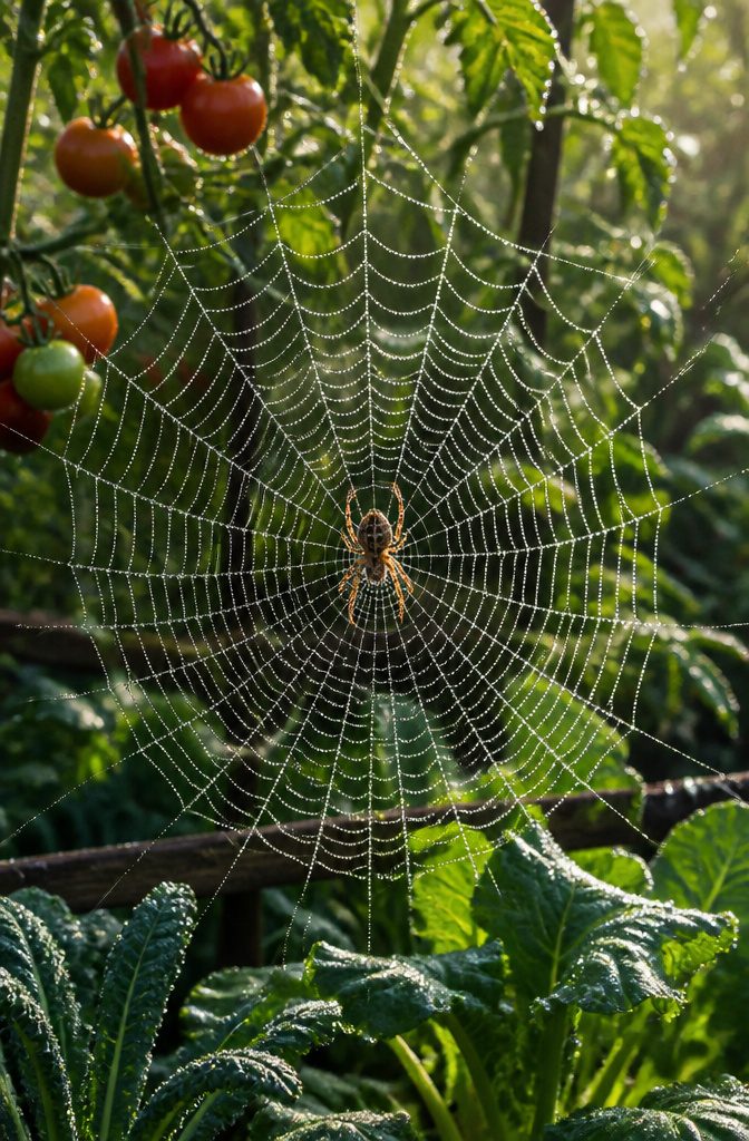 What to Do About Spiders in Your Garden 10 Spider webs in a garden with various plants and vegetables.
