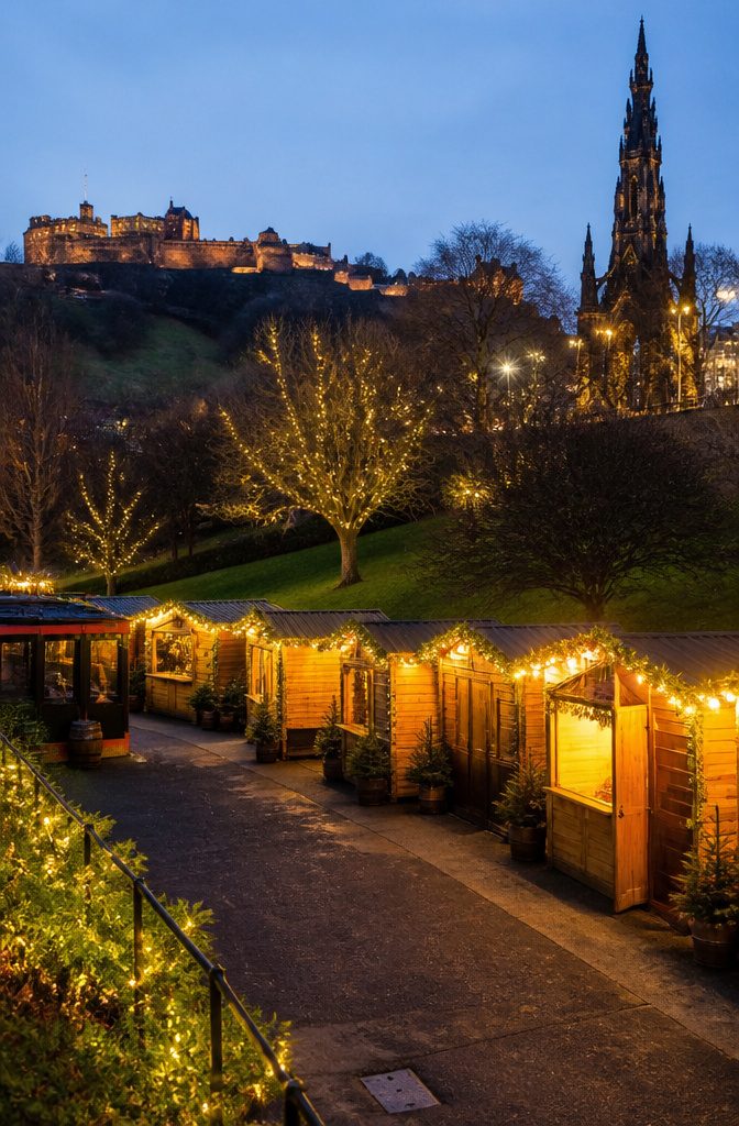 Where to Spend the Holidays: 14 Destinations for 2026 12 Holiday market in East Princes St. Gardens, Edinburgh, with Scott Monument visible.