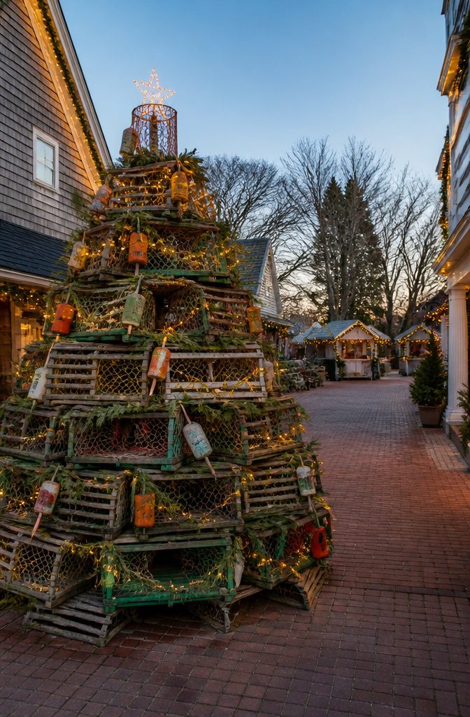 Where to Spend the Holidays: 14 Destinations for 2026 11 Lobster trap tree in Kennebunkport during Christmas festivities.