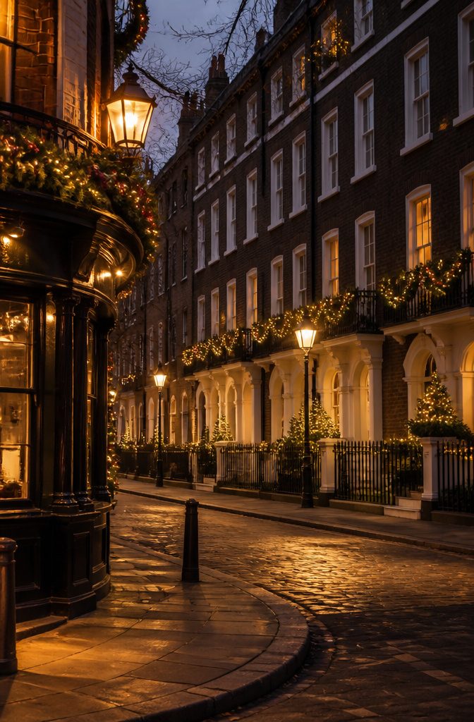 Where to Spend the Holidays: 14 Destinations for 2026 15 London's Georgian townhouses decorated with festive lights and garlands.