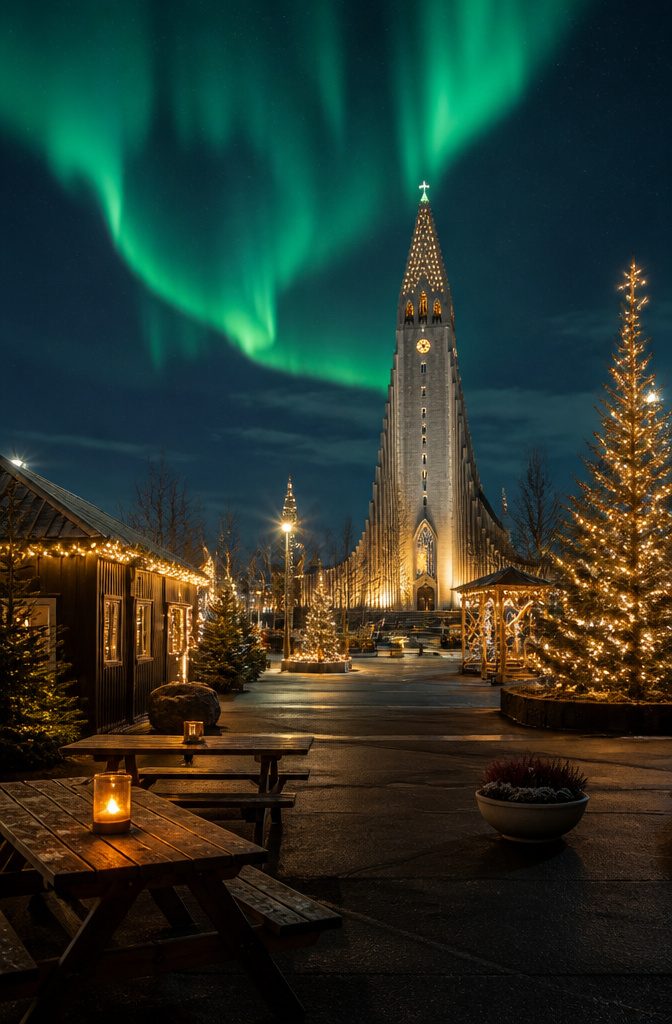 Where to Spend the Holidays: 14 Destinations for 2026 8 Christmas lights illuminating Reykjavik's streets with northern lights above.