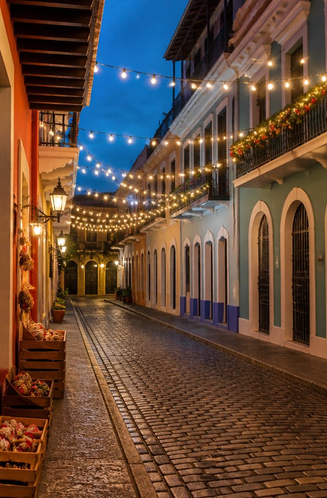 Where to Spend the Holidays: 14 Destinations for 2026 5 Old San Juan's Plaza de Armas decorated with festive lights.