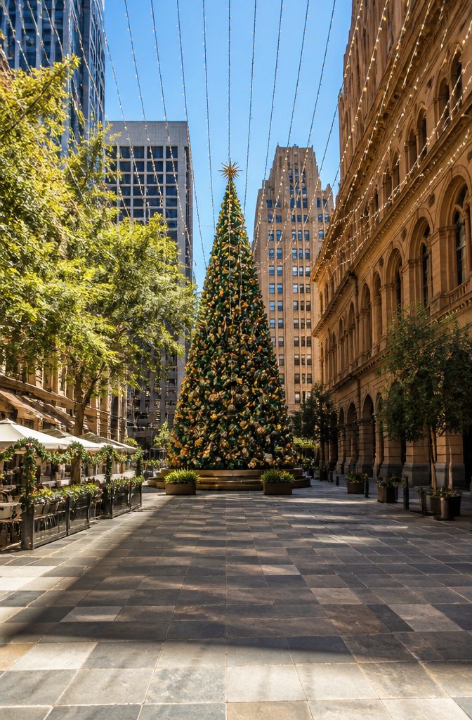 Where to Spend the Holidays: 14 Destinations for 2026 3 Christmas tree in Martin Place, Sydney, surrounded by festive decorations.