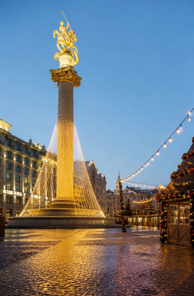 Where to Spend the Holidays: 14 Destinations for 2026 2 Liberty Monument in Tbilisi adorned with twinkling lights.