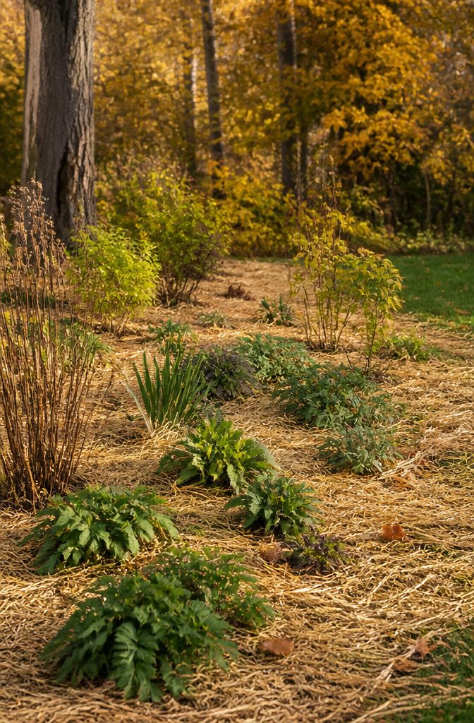 Which Plants to Winterize: Perennials, Tender Plants and Cold-Hardy Options 8 Layer of organic mulch applied around robust perennials in a garden.