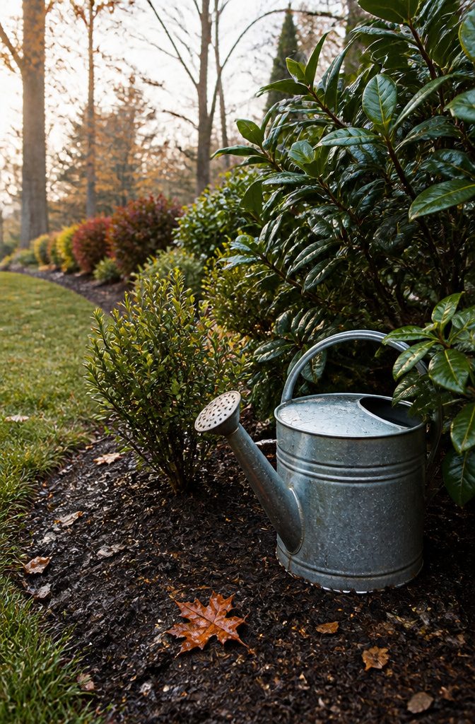 Which Plants to Winterize: Perennials, Tender Plants and Cold-Hardy Options 7 A watering can beside thriving broadleaf evergreens in autumn.