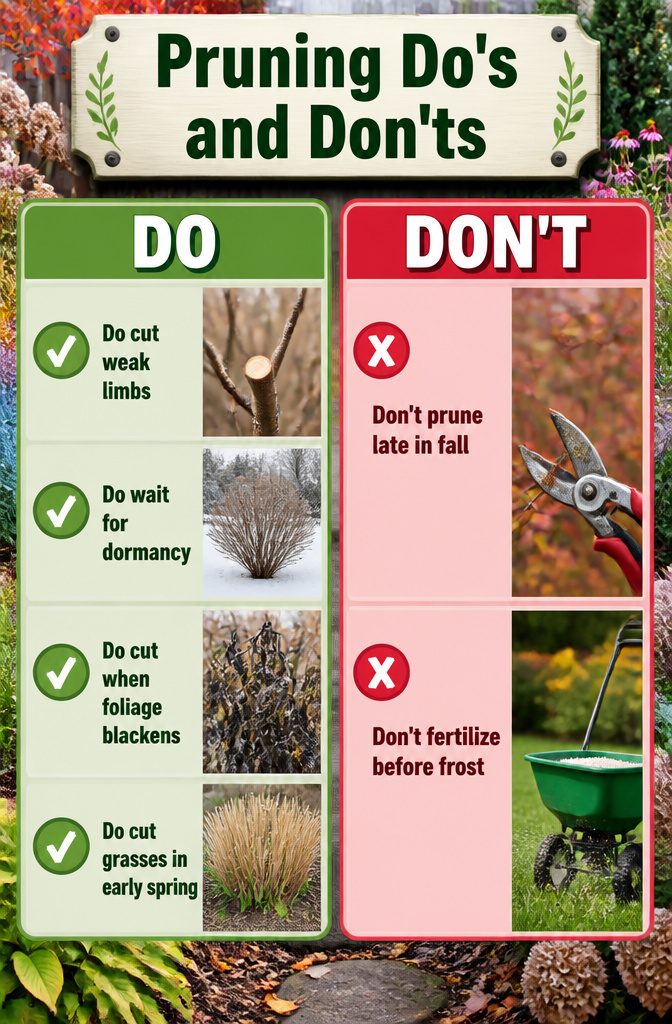 Which Plants to Winterize: Perennials, Tender Plants and Cold-Hardy Options 9 Tools and plants indicating the impact of late pruning in a garden.