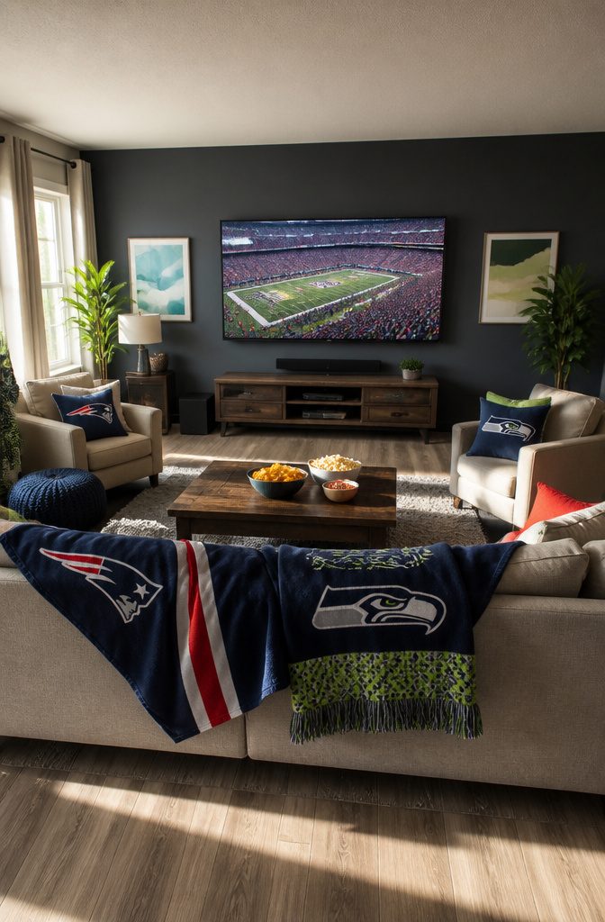 A moment from the Super Bowl XLIX game showing the score at halftime.