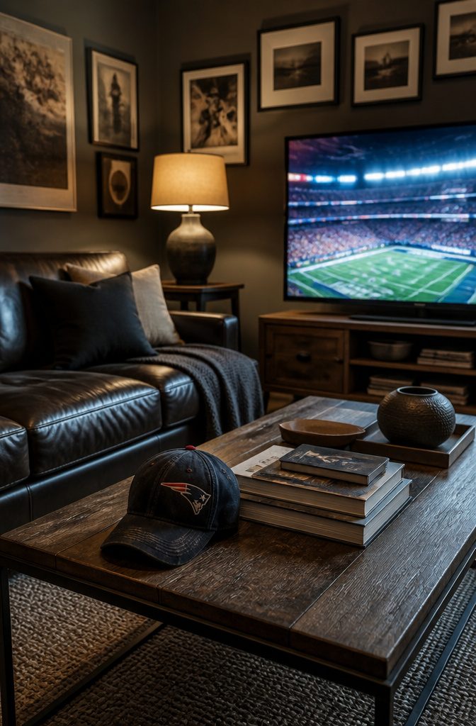 A contemporary den with sports books and a Patriots cap on the table.