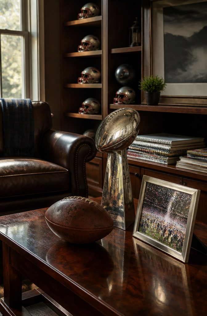 A trophy and a football on a coffee table with sports memorabilia.