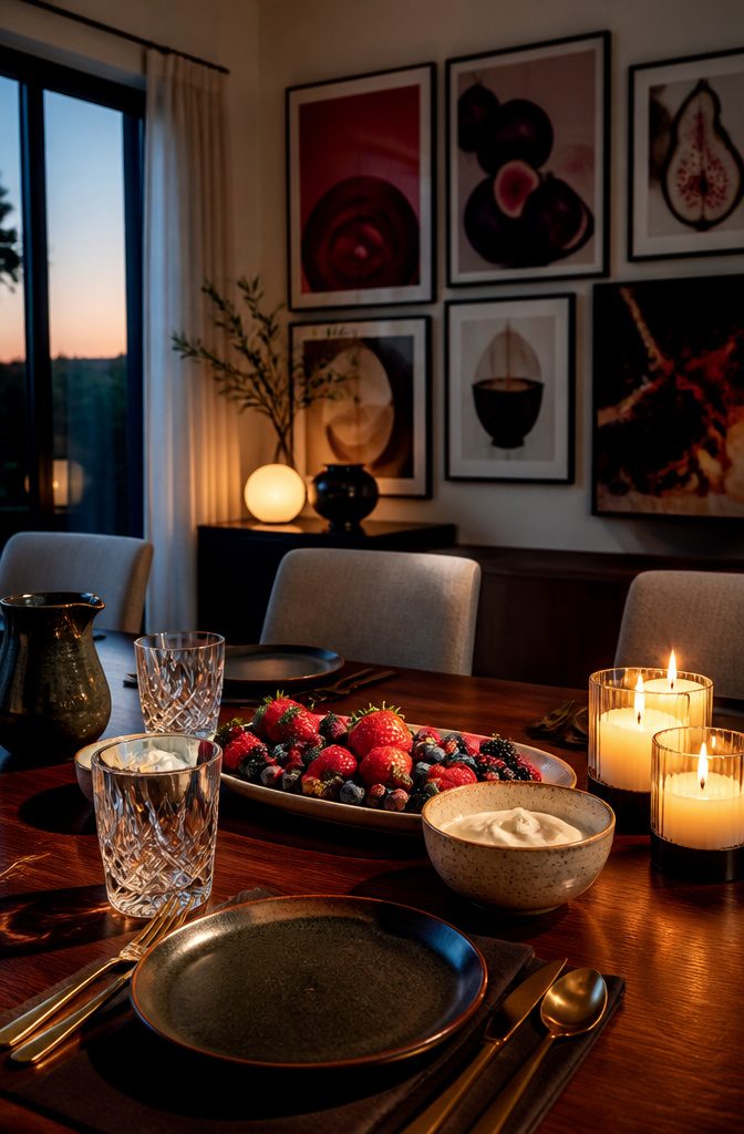 Why I Chose to Read Always Eat After 7 PM by Joel Marion: 4 Key Ideas 5 A dining table set with ceramic dishes and a platter of colorful berries.