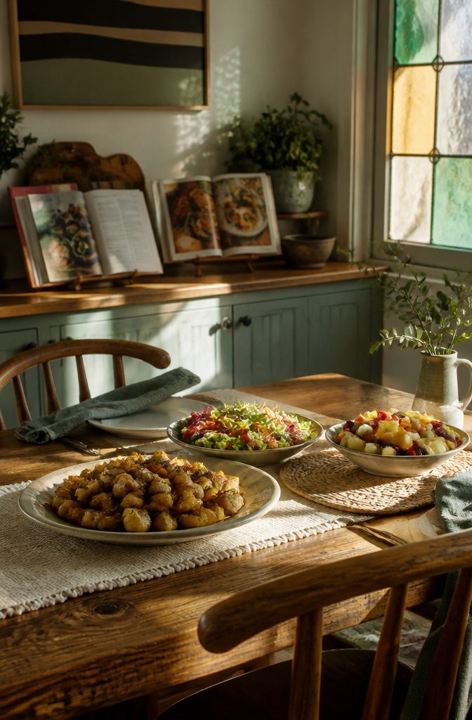 Why I Chose to Read Always Eat After 7 PM by Joel Marion: 4 Key Ideas 7 A wooden table set with roasted potatoes, salad, and fruit.