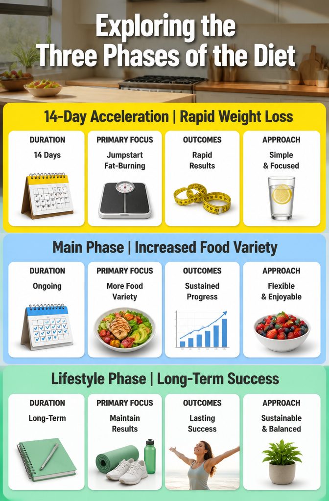 Why I Chose to Read Always Eat After 7 PM by Joel Marion: 4 Key Ideas 3 A graphic detailing the three phases of a diet program.