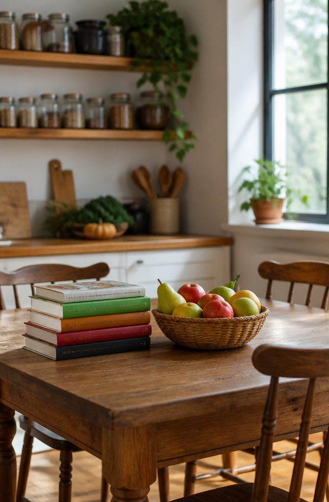 Why I Chose to Read Always Eat After 7 PM by Joel Marion: 4 Key Ideas 2 A wooden dining table with colorful cookbooks and a bowl of apples and pears.