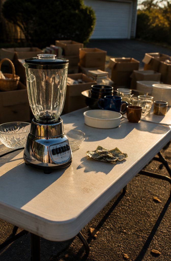 A blender with a price tag on a folding table cluttered with other items.