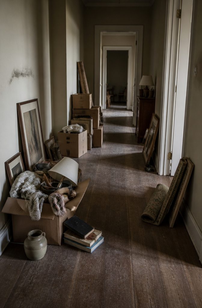 Boxes returned indoors after a garage sale, indicating unsold items.