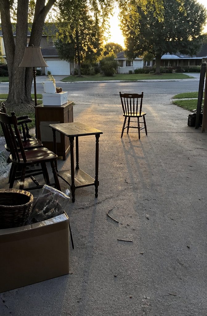 A driveway filled with unsold items, including chairs and a table.