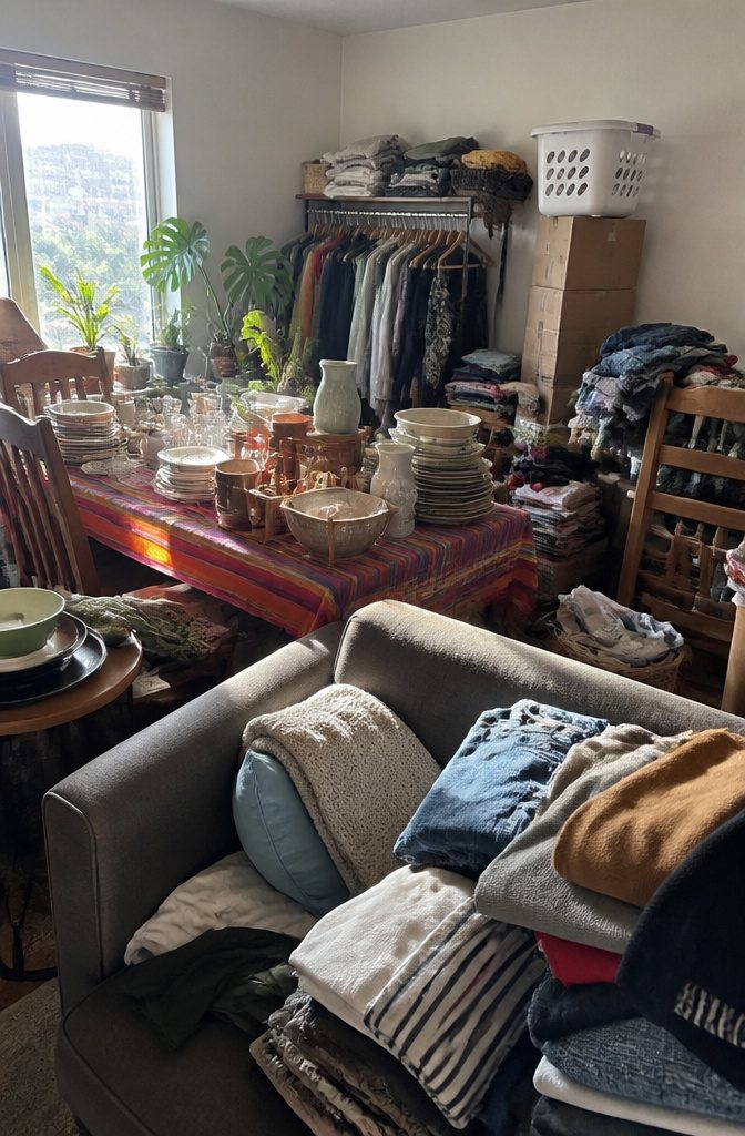 A small apartment cluttered with items waiting for a garage sale.