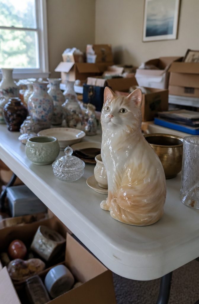A ceramic cat figurine on a folding table with various unsold items around it.