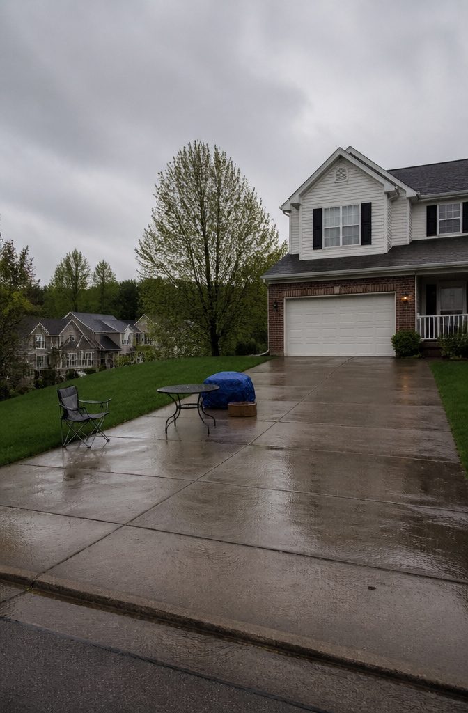 An empty suburban street during a rainy day with no garage sale traffic.