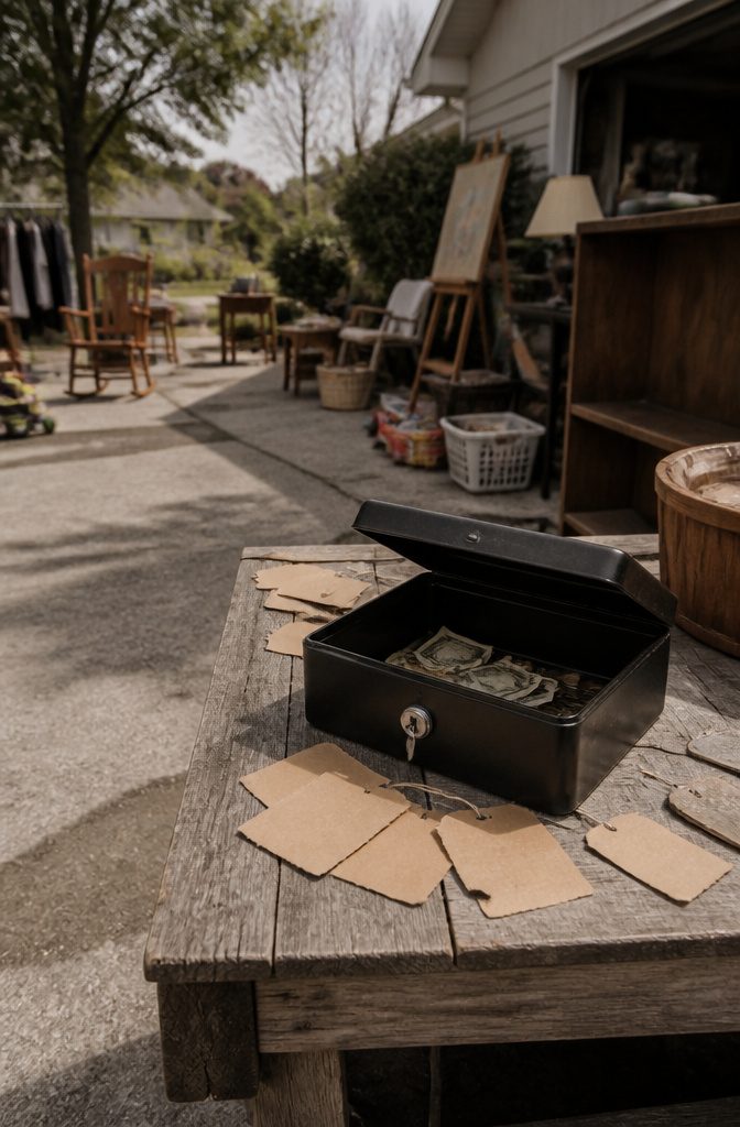 A cash box with money on a weathered table surrounded by various items.