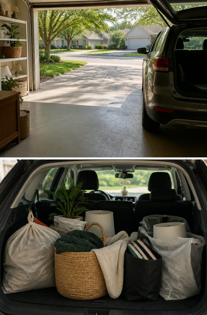 An open trunk filled with donated items, ready to be dropped off.