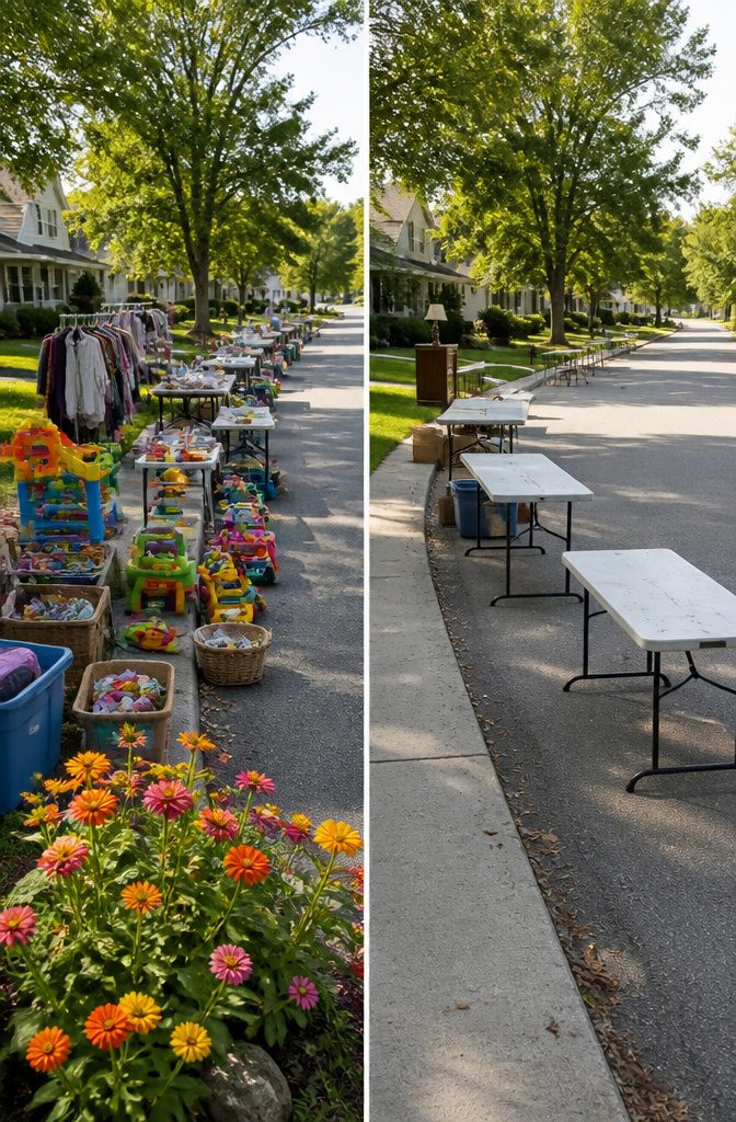 A collection of kids' clothes laid out for a potential garage sale.
