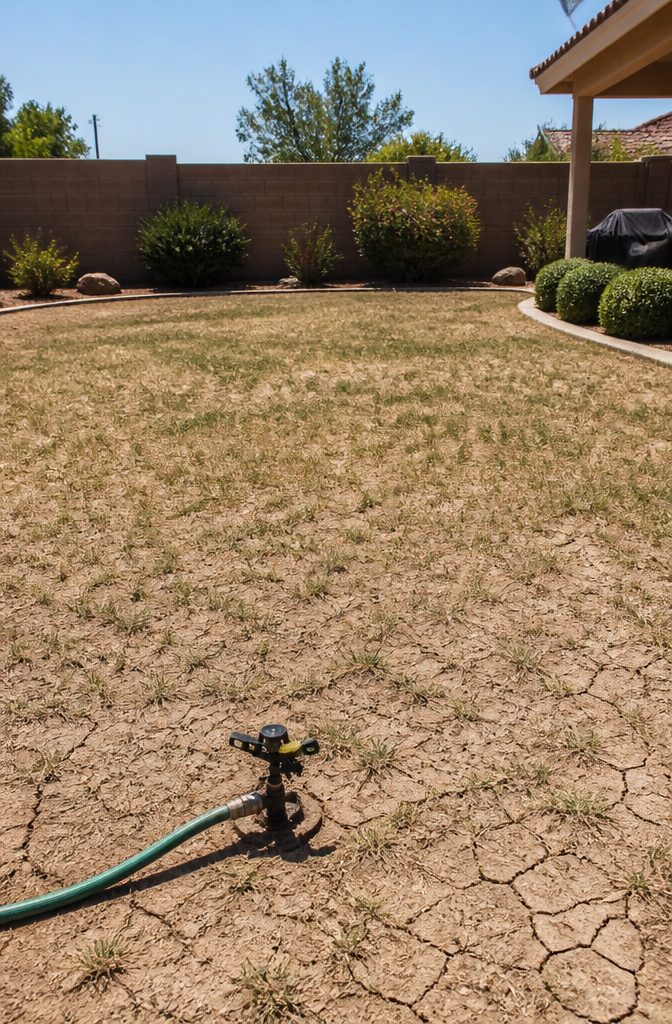 Why Is It Bad to Mow Your Lawn Too Short? 8 A lawn with short grass showing signs of dryness and dust.