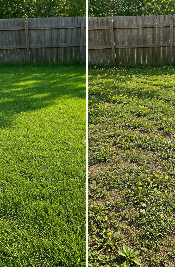 Why Is It Bad to Mow Your Lawn Too Short? 4 A lawn with bare soil and sparse grass, showing weed growth.